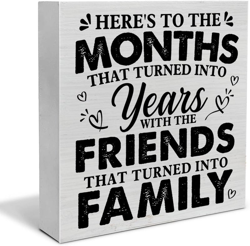 PIXCEOS Friend Quote Decorative Wooden Box Sign the Friends That Turned into Family Wood Block Plaque Decor Farmhouse Home Shelf or Wall Display 5x5 Inches - Image 1